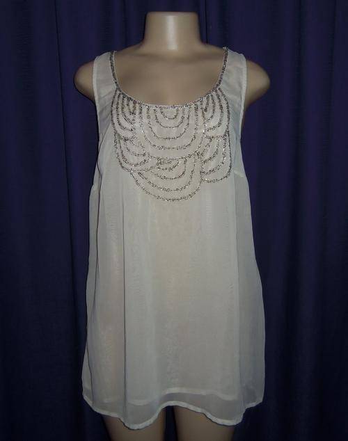 Stunning Cream Sheer Top with Front Glass Beading Design by F&F - Size 18  ** New **