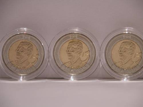 R1 START. ONLY 10 X NELSON MANDELA 2008 R5 BIRTHDAY COINS. UNTOUCHED/UNCIRCULATED IN CLEAR CAPSULES.