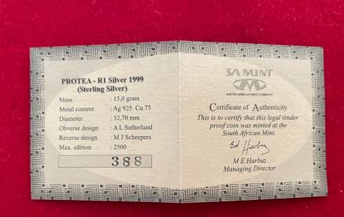 R1 Silver Proof `Mining` Protea 1999