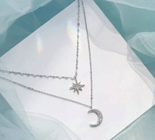 925 Silver Double Layer Moon and Star Necklace