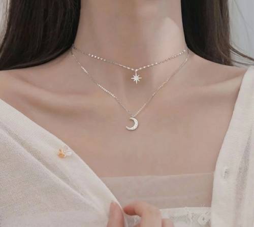 925 Silver Double Layer Moon and Star Necklace
