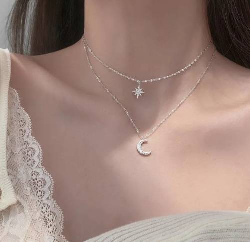 925 Silver Double Layer Moon and Star Necklace