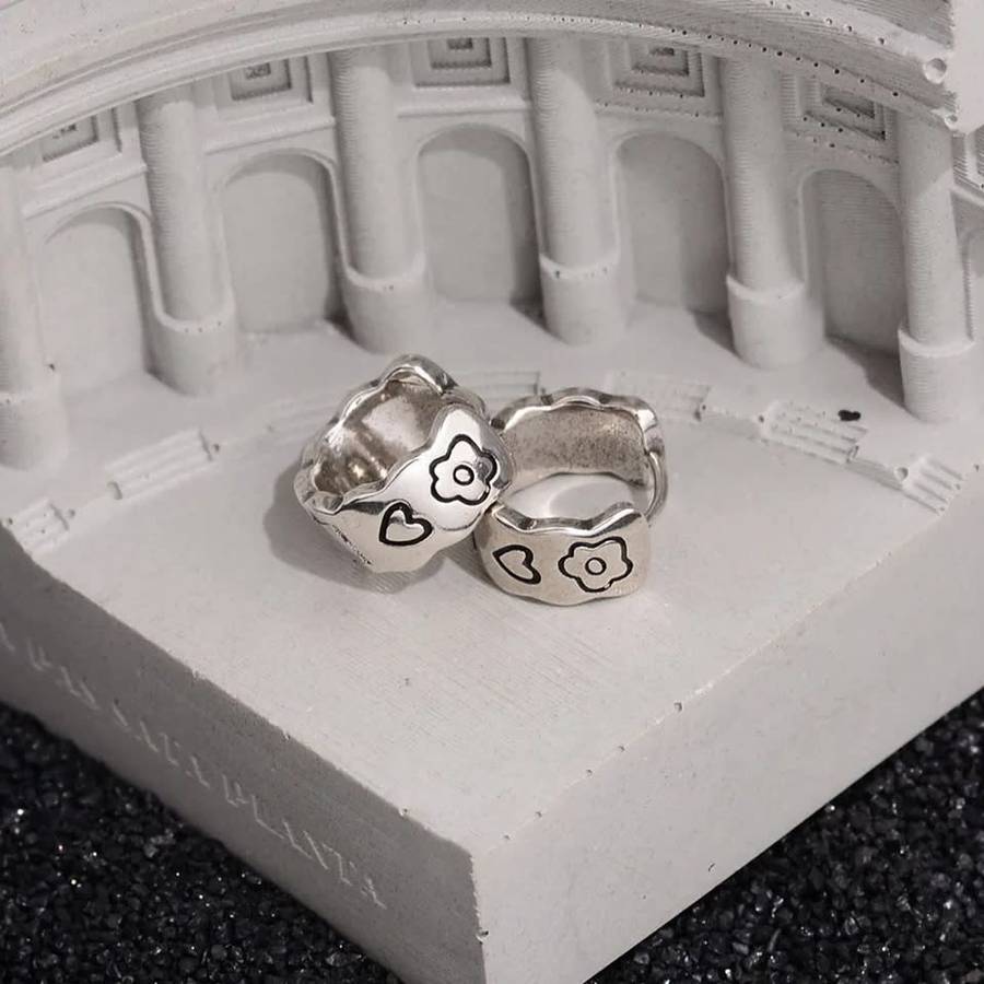 925 Silver Love Heart Flower Huggies