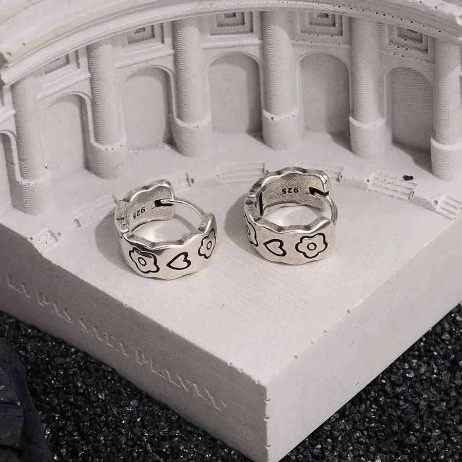925 Silver Love Heart Flower Huggies
