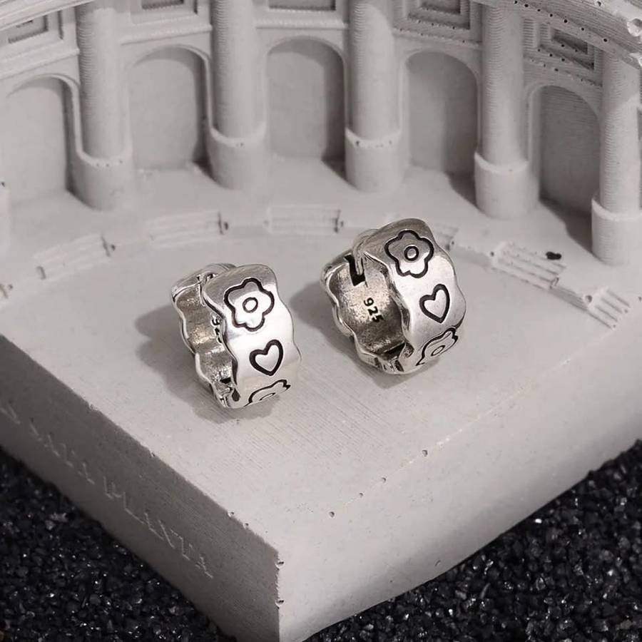 925 Silver Love Heart Flower Huggies