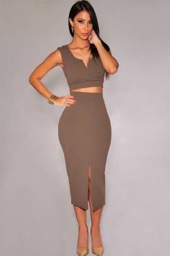 Two Piece Front Slit Cofee Top and Skirt Set
