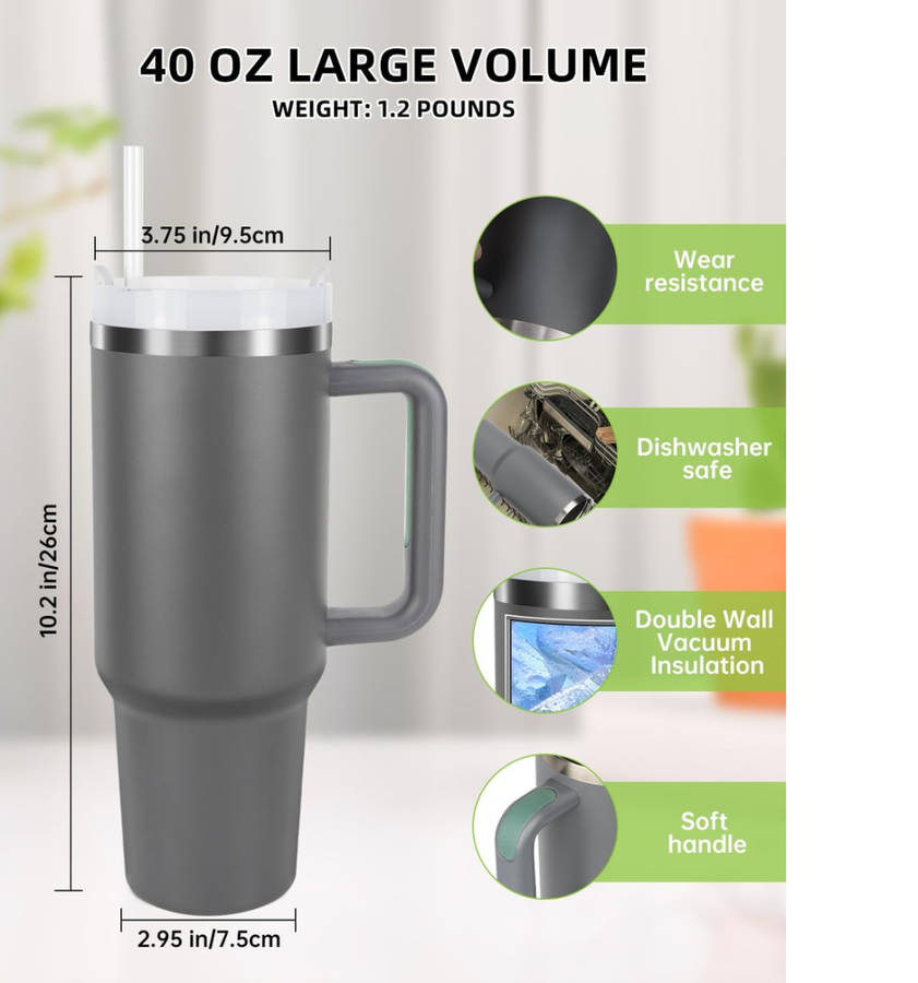 1.2L Tumbler with Handle Straw Lid, Stainless Steel Travel Mug - Ash Grey