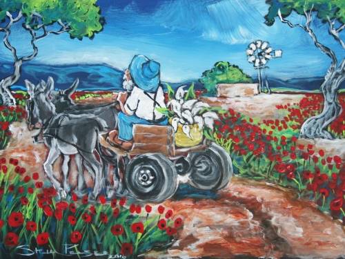 Original Stella Pelser(1970) -"Bolandse Donkie Kar-'n Mandjie vol Wit Vark Ore" 400 x 300 x 6mm