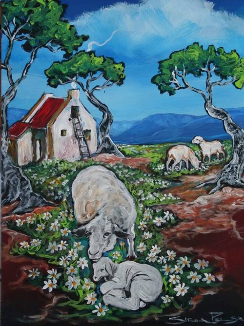 Original Stella Pelser(1970) -"Boland - Lammetjie tussen die Daisies 400 x 300 x 6mm