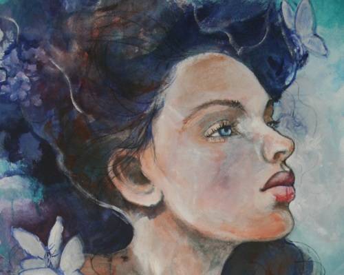 Beautiful!*Original Anni Brand (1970-) "Blue Butterflies" size: 80 x 50 cm Large on Japanese Canvas