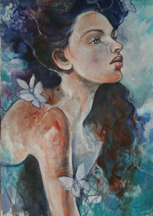 Beautiful!*Original Anni Brand (1970-) "Blue Butterflies" size: 80 x 50 cm Large on Japanese Canvas