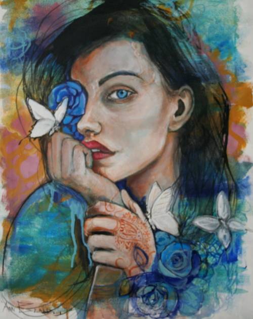 Beautiful!*Original Anni Brand (1970-) "Blue Roses & White Butterflies" 65 x 47cm Large Japan Canvas