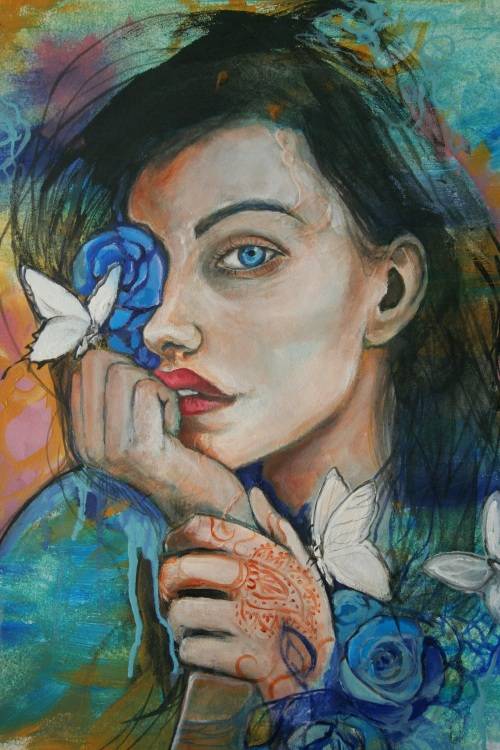 Beautiful!*Original Anni Brand (1970-) "Blue Roses & White Butterflies" 65 x 47cm Large Japan Canvas