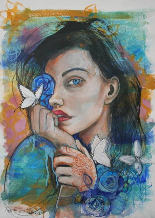 Beautiful!*Original Anni Brand (1970-) "Blue Roses & White Butterflies" 65 x 47cm Large Japan Canvas