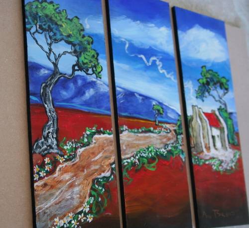 Beautiful**!!! Original Annie Brand (1970-) "Bolandse Huisie -Tritych" 300 x 110 x 6mm x 3 Piece