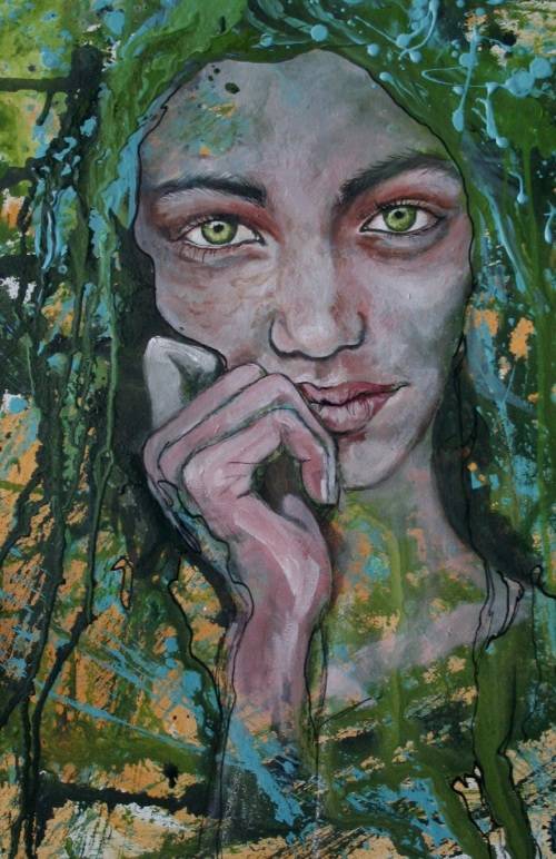 Beautiful!*Original Anni Brand (1970-) "Behind Green Eyes" 65 x 47cm Large Japanese Canvas