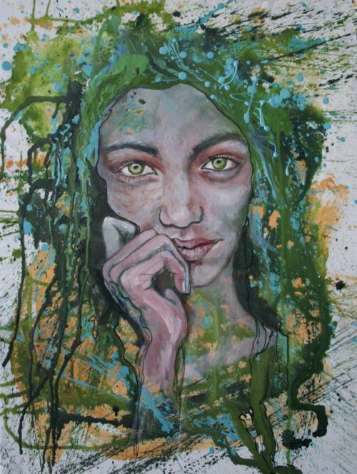 Beautiful!*Original Anni Brand (1970-) "Behind Green Eyes" 65 x 47cm Large Japanese Canvas