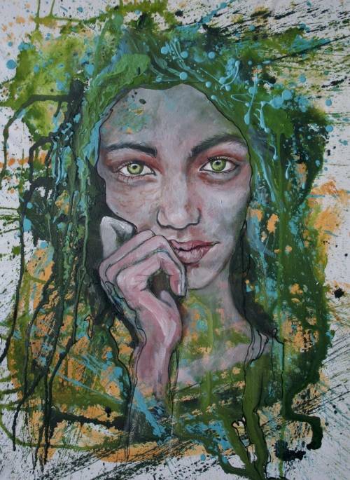 Beautiful!*Original Anni Brand (1970-) "Behind Green Eyes" 65 x 47cm Large Japanese Canvas