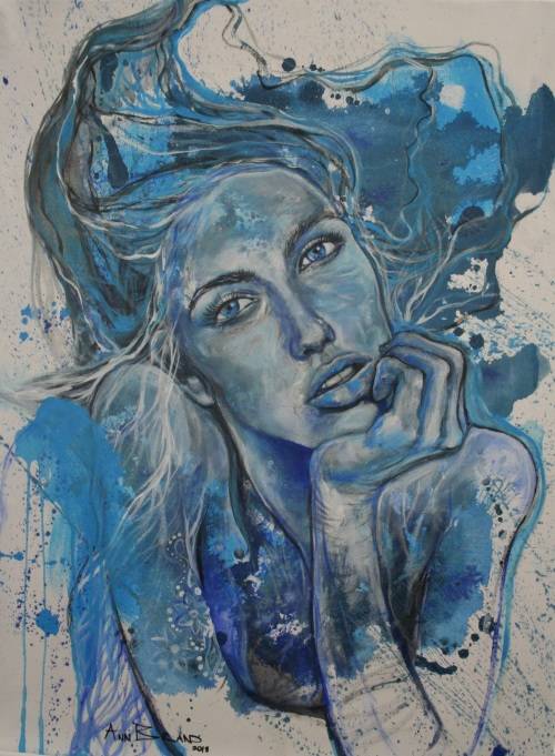 Beautiful!*Original Anni Brand (1970-) "Blue Daydreamer" 70 x 53cm Large Japanese Canvas