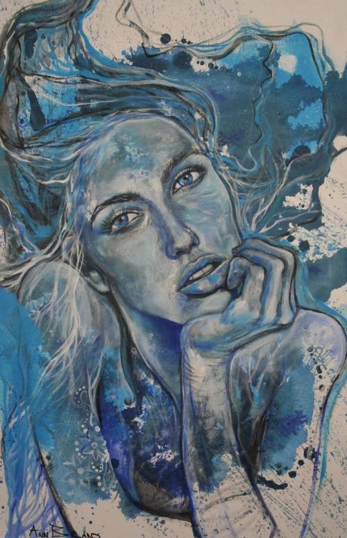 Beautiful!*Original Anni Brand (1970-) "Blue Daydreamer" 70 x 53cm Large Japanese Canvas