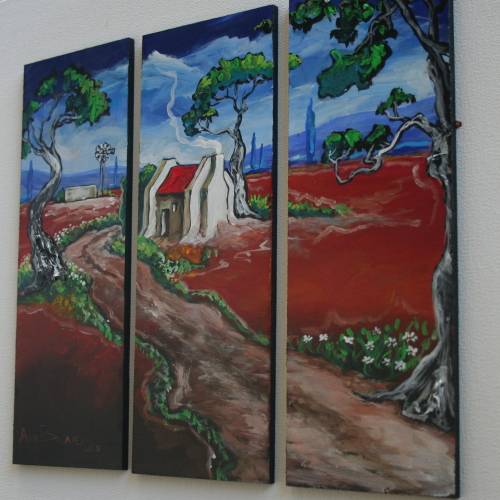 Beautiful*!!!Original Annie Brand(1970-)"Padtjie langs Rooidak Huisie -Tritych"300x110x6mm x 3 Piece