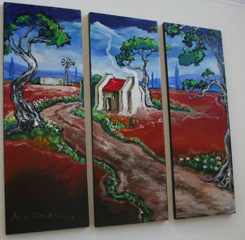 Beautiful*!!!Original Annie Brand(1970-)"Padtjie langs Rooidak Huisie -Tritych"300x110x6mm x 3 Piece