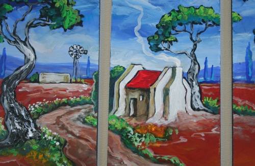Beautiful*!!!Original Annie Brand(1970-)"Padtjie langs Rooidak Huisie -Tritych"300x110x6mm x 3 Piece