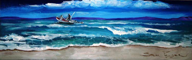 CRAZY R1!!! Original Stella Pelser - "Sea scape - West Coast Fishing Boat" - 475  x 150