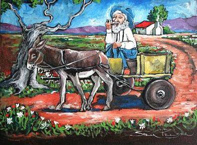 Original Stella Pelser (1976-)Acrylic on Canvas (hang as is!) "Ouman en Donkie Kar!" - 400 x 300 x45
