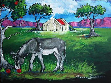 Original Stella Pelser (1976-) BOLAND -"Donkie tussen die Appel Bome!"- 400 x 300
