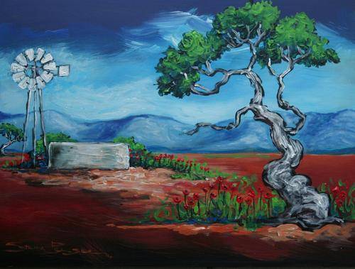 Original Stella Pelser(1970) - "Boland - Windpomp met Rooi Poppies!" 400 x 300 x 6mm