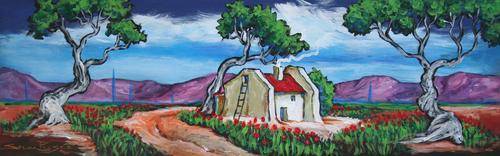 Original Stella Pelser(1970) - "Overberg - Plaas Opstal tussen Rooi Poppies" 475 x 150 x 6mm