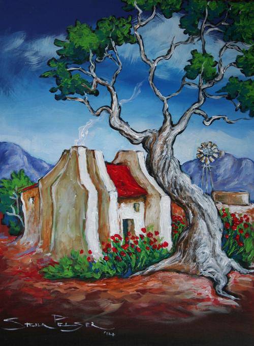 Original Stella Pelser(1970) - "Overberg - Rooidak huisie agter die Boom " 400 x 300 x 6mm