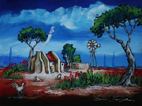 Original Stella Pelser(1970) - Bolandse Opstal met Hoenders op die Werf!" 400 x 300 x 6mm