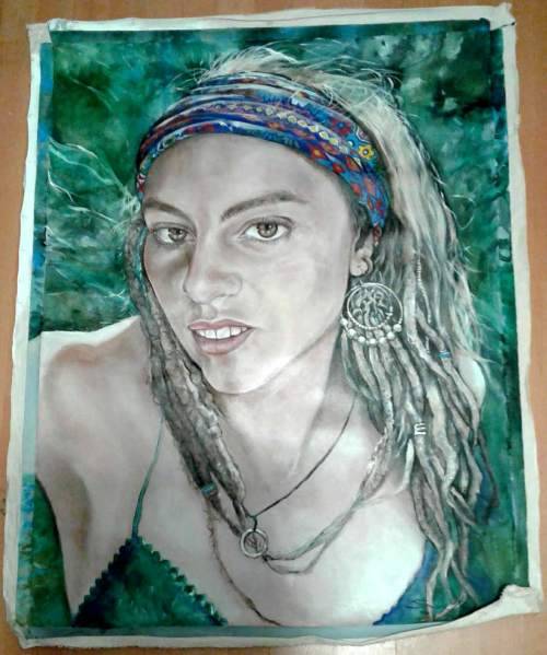 Title :Orginal Artwork by Stella Pelser "Hippie Girl " Acrylic on Canvas - Size 75cm x 100cm