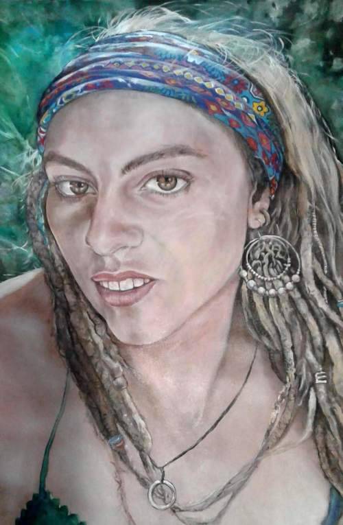 Title :Orginal Artwork by Stella Pelser "Hippie Girl " Acrylic on Canvas - Size 75cm x 100cm