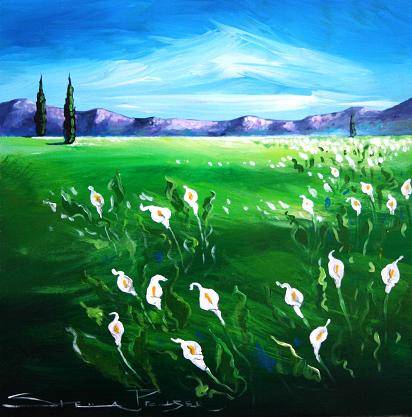 Original painting by Stella Pelser - "White Arum Lilies in the Overberg 01" - 300 x 300 mm