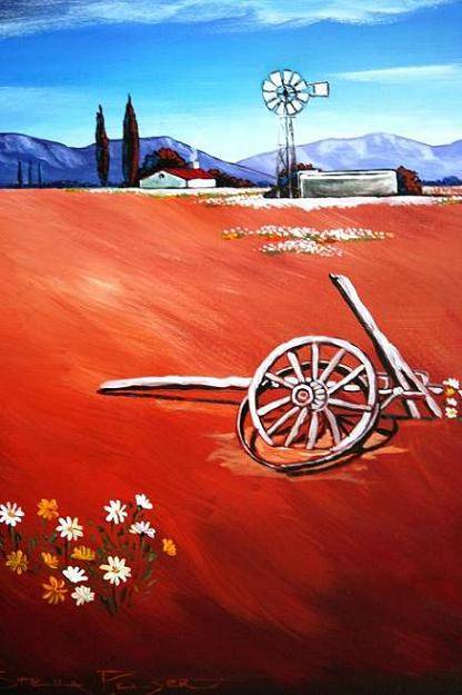 Original painting by Stella Pelser - "Bolandse Plaas-opstal met ou Wa Wiel" - 400 x 300