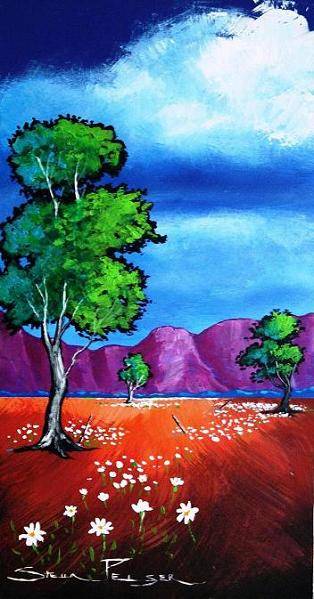 Original painting by Stella Pelser - "Drie Bloekom-Bome met Wit daisies 01" - 350 x240