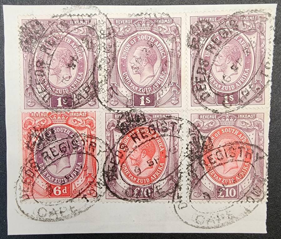 Union of South Africa George V revenue on piece £10, 1s, and 6d