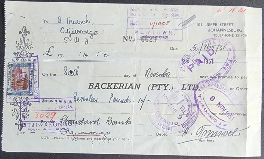 South West Africa cheque 1951