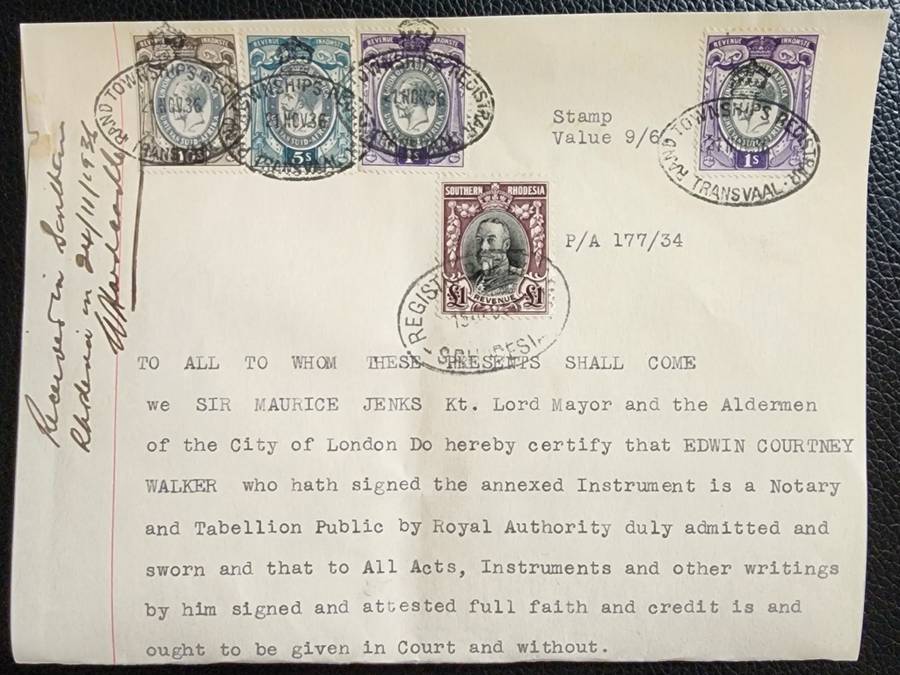 Transvaal/Southern Rhodesia George V  £1 8s notary letter 1931