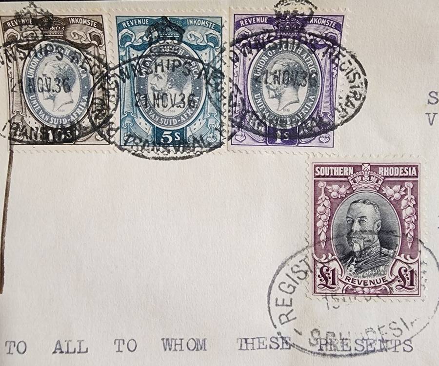 Transvaal/Southern Rhodesia George V  £1 8s notary letter 1931