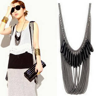 fashion multilayer black tassel chain long necklace