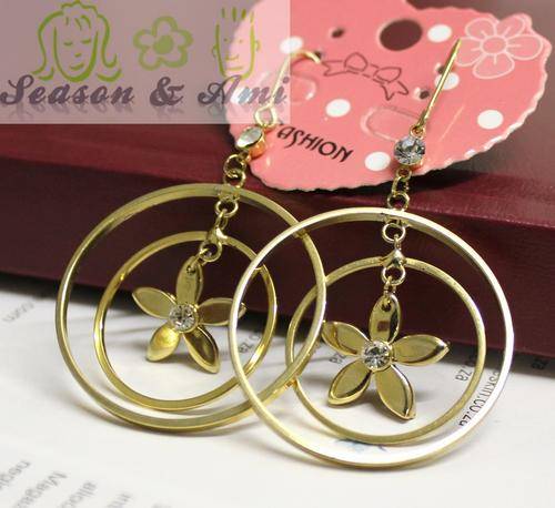 Gold Plated Circle Exquisite Big Flower Dangle Earrings