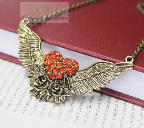 Fashion Vintage Bronze Red Rhinestone Heart Wing Pendant Necklace