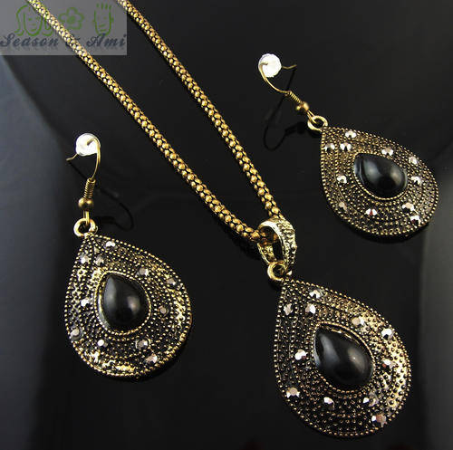 vintage style black water-drop necklace&earrings sets