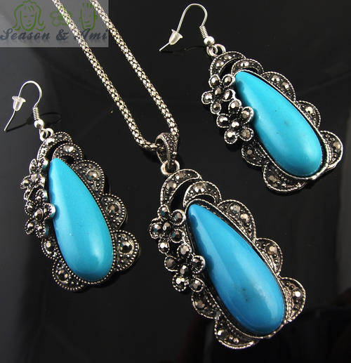 vintage style blue water-drop necklace&earrings sets