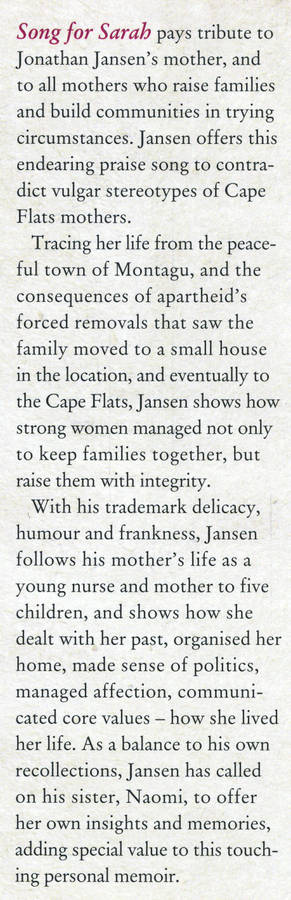 [B:2:S:CC]-Song for Sarah. Lessons from my mother. - Jonathan Jansen and Naomi Jansen