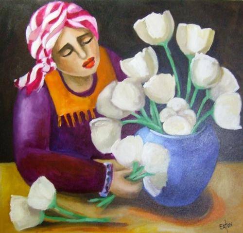 Girl with tulips  (760 x 800)  Acrylic on canvas. Unframed
